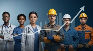 Professionals from healthcare, tech, and skilled trades facing 2026 talent shortage