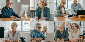 Older adults actively working in diverse professional environments, illustrating extended careers.