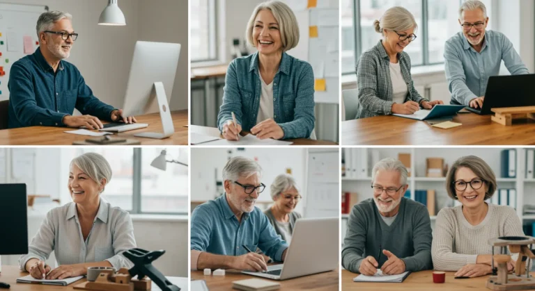 Older adults actively working in diverse professional environments, illustrating extended careers.