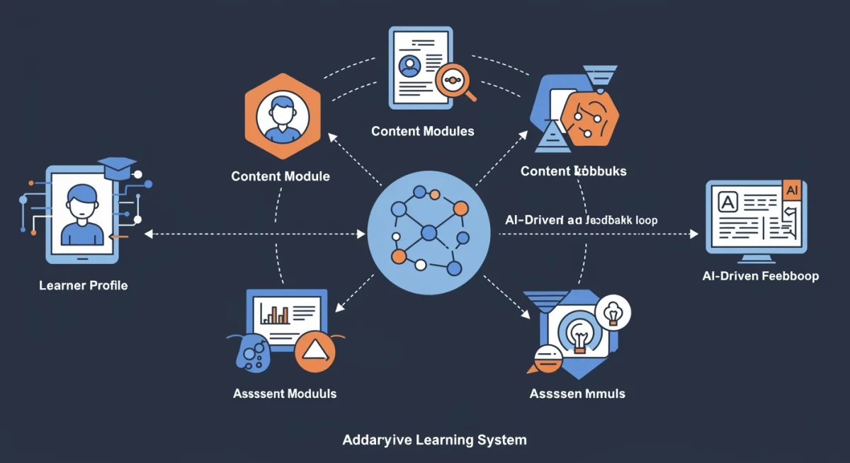 Infographic showing the interconnected components of an adaptive learning system.