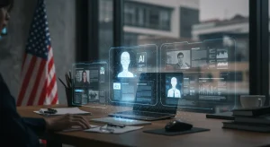 AI Content Generation: Credibility for US Publishers in 2026 Futuristic desk showing AI and human content integration for publishers