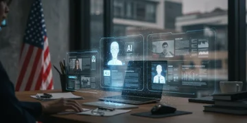 Futuristic desk showing AI and human content integration for publishers