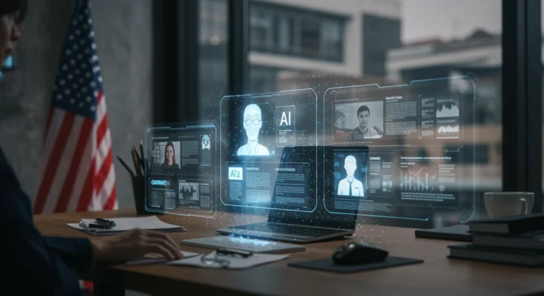 Futuristic desk showing AI and human content integration for publishers