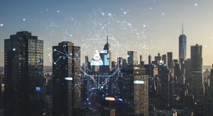 Futuristic cityscape with AI neural networks, representing US job growth