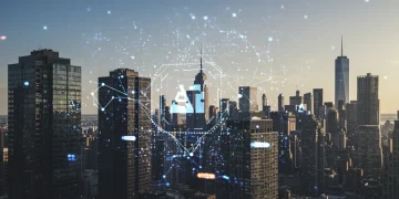 Futuristic cityscape with AI neural networks, representing US job growth