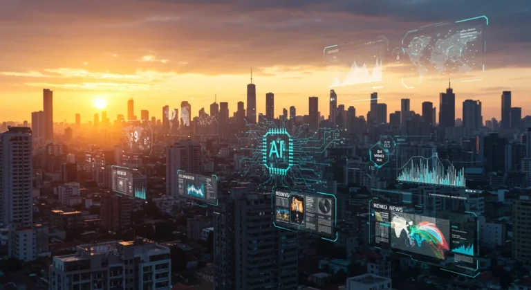 AI-powered news aggregation interface showing personalized content streams and data analysis
