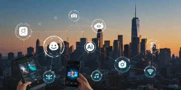 Futuristic digital interface with AI assistant logos on a multi-device setup, US city skyline background.