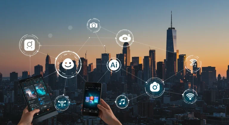 Futuristic digital interface with AI assistant logos on a multi-device setup, US city skyline background.