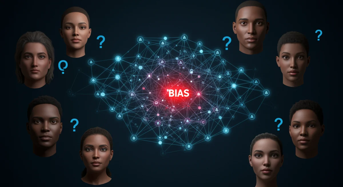 Complex neural network with glowing red bias node affecting diverse human faces