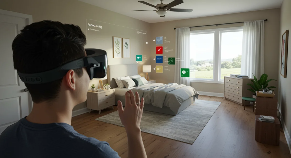Person using AR glasses to virtually redecorate a bedroom