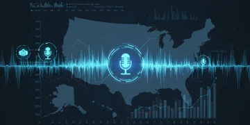 Futuristic sound wave graphic comparing podcast and Clubhouse growth in US by 2026.