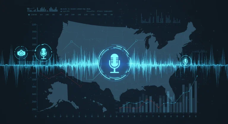 Futuristic sound wave graphic comparing podcast and Clubhouse growth in US by 2026.