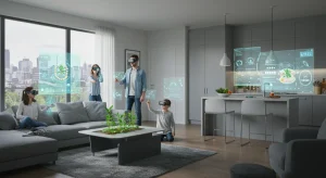 Family interacting with augmented reality projections in a modern home