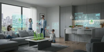 Family interacting with augmented reality projections in a modern home