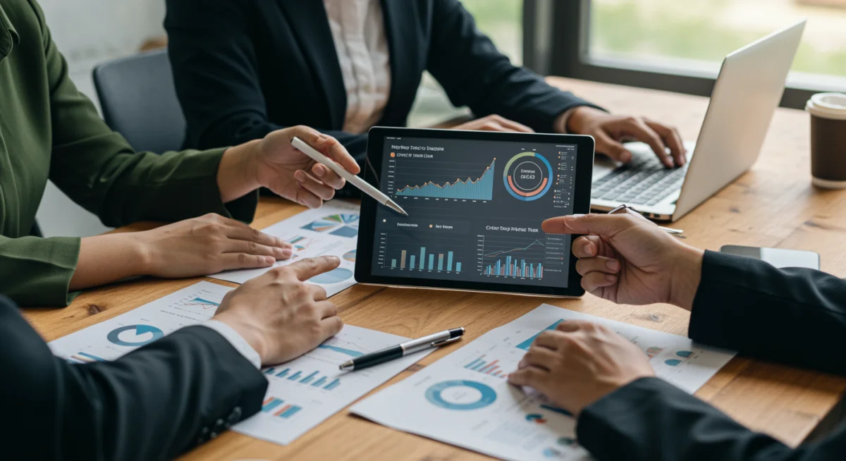 Business team collaborating on cybersecurity strategy and digital updates