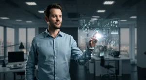 Professional using holographic interface for career automation in 2026