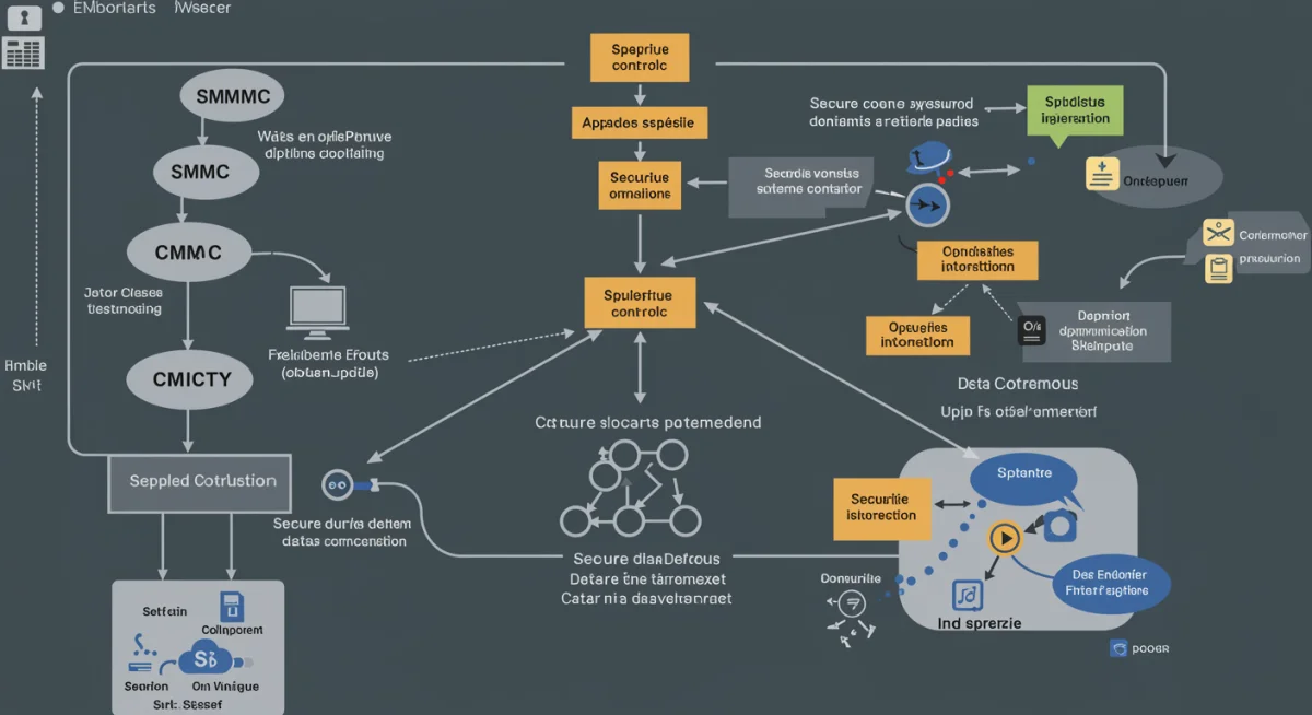 Interconnected cybersecurity controls forming a robust CMMC compliance framework for defense contractors.
