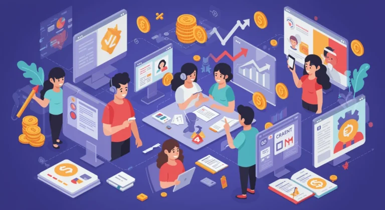 Illustration of diverse US creators thriving on digital platforms, symbolizing increased direct monetization and economic growth.
