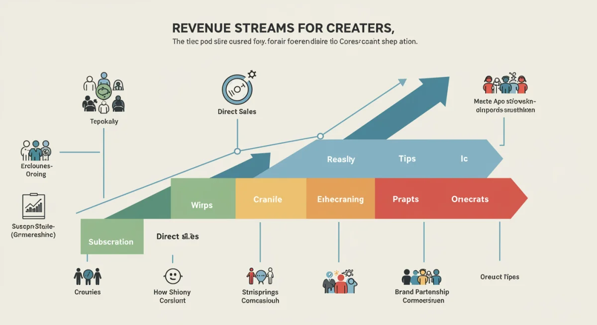 Infographic detailing diverse revenue streams for creators on digital platforms, showing growth in subscriptions, direct sales, and brand deals.