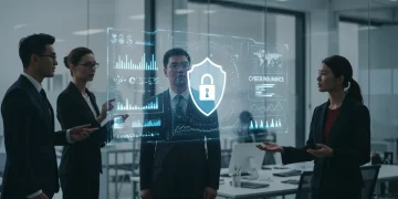 Business professionals analyzing cybersecurity data on a holographic display for cyber insurance insights.