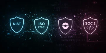 Four cybersecurity framework shields, comparing NIST, ISO 27001, CMMC, SOC 2 for US compliance