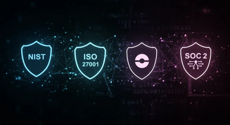 Four cybersecurity framework shields, comparing NIST, ISO 27001, CMMC, SOC 2 for US compliance