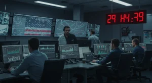 Cybersecurity team collaborating on incident response plan in a modern US office