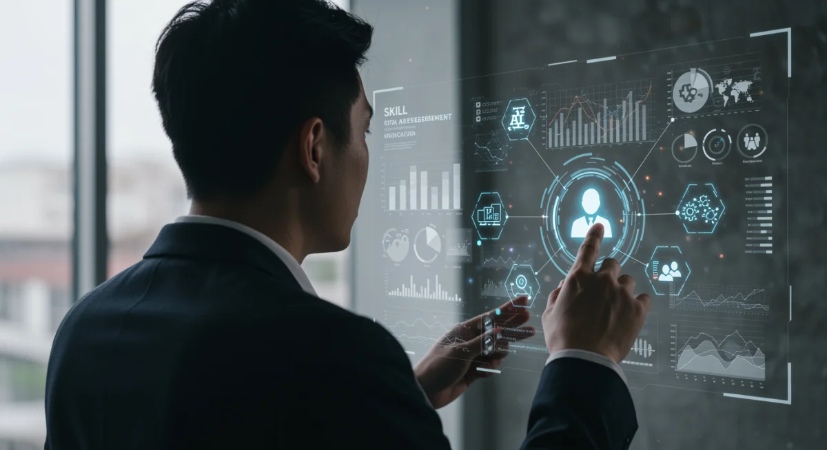 Professional analyzing data on a digital dashboard, symbolizing skill assessment and data-driven hiring.
