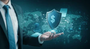 Digital shield protecting data, symbolizing financial impact of data privacy laws on businesses.