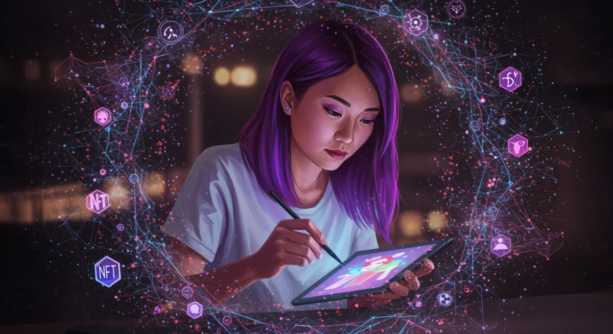 Digital artist creating an NFT, showcasing Web3's creative potential for content creators.