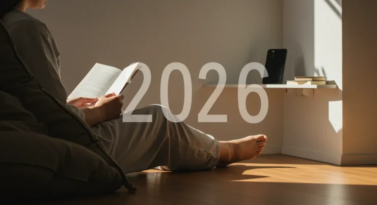Person reading book in minimalist room, phone on shelf, symbolizing digital minimalism and focus.
