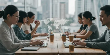 Digital nomads working in a shared office space with laptops and international city views.