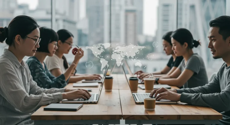 Digital nomads working in a shared office space with laptops and international city views.