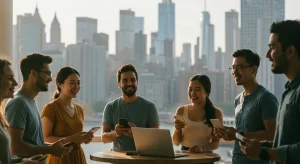 Diverse digital nomads working remotely in a modern US city co-working space