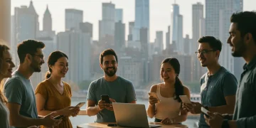 Diverse digital nomads working remotely in a modern US city co-working space