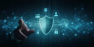 Digital shield protecting personal data online, symbolizing robust cybersecurity for US consumers in 2025.