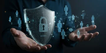 Digital shield protecting corporate data from insider threats, symbolizing advanced detection strategies for 2026.