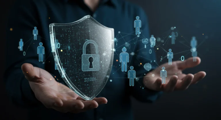 Digital shield protecting corporate data from insider threats, symbolizing advanced detection strategies for 2026.