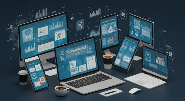 Modern devices showing personalized e-commerce experiences with AI data streams