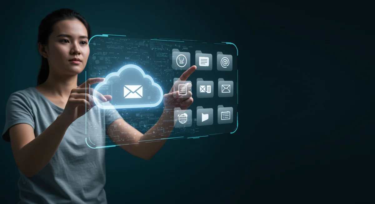 Person organizing digital files on a holographic screen, demonstrating efficient cloud management.