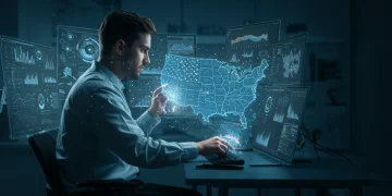 Digital forensic investigator analyzing data with advanced tools in a futuristic setting, focusing on US investigations.
