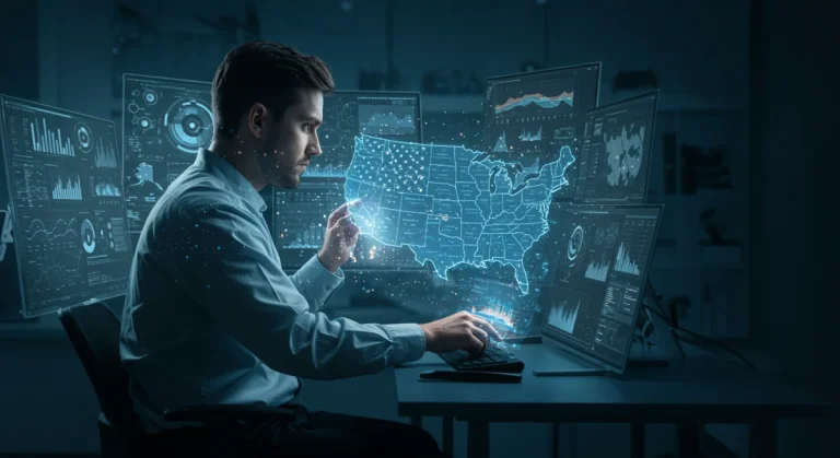Digital forensic investigator analyzing data with advanced tools in a futuristic setting, focusing on US investigations.