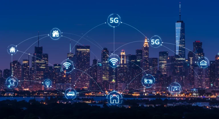 Futuristic city with 5G connectivity transforming daily life in the US
