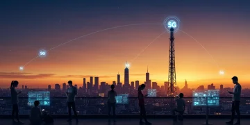 Futuristic cityscape with glowing 5G towers and people interacting with digital content on devices, symbolizing advanced connectivity.