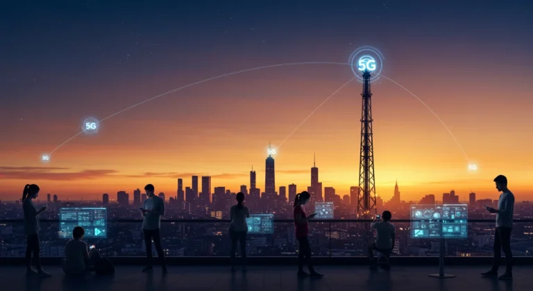 Futuristic cityscape with glowing 5G towers and people interacting with digital content on devices, symbolizing advanced connectivity.
