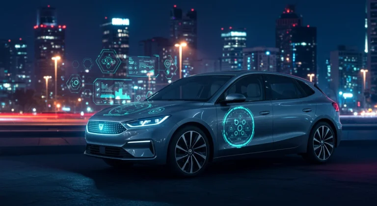 Futuristic connected car with digital interfaces on an urban street