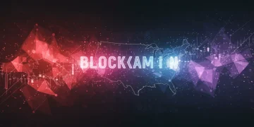 Futuristic digital artwork with blockchain elements over a US map, symbolizing growth in the NFT market.