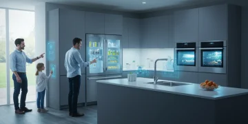 Futuristic kitchen with integrated smart home appliances