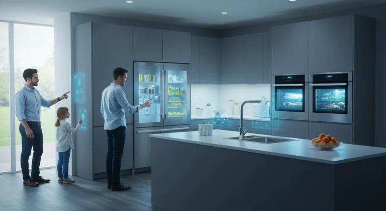 Futuristic kitchen with integrated smart home appliances
