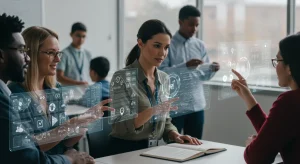 Future of Online Learning: 4-Step Guide for US Educators in 2026 US educators interact with holographic online learning platforms in a futuristic classroom setting.